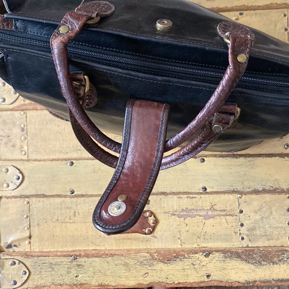 VINTAGE BRAHMIN DESIGNER BLACK 100% LEATHER BROWN CROC STRUCTURED BAG PURSE - Picture 14 of 16